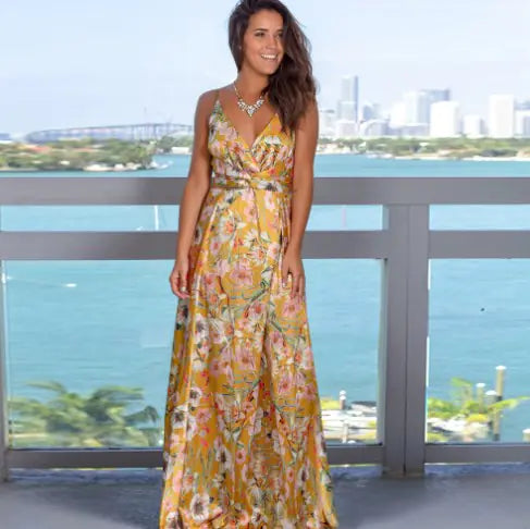 Robe longue d'été pour femme, fente haute, sans manches, col en V