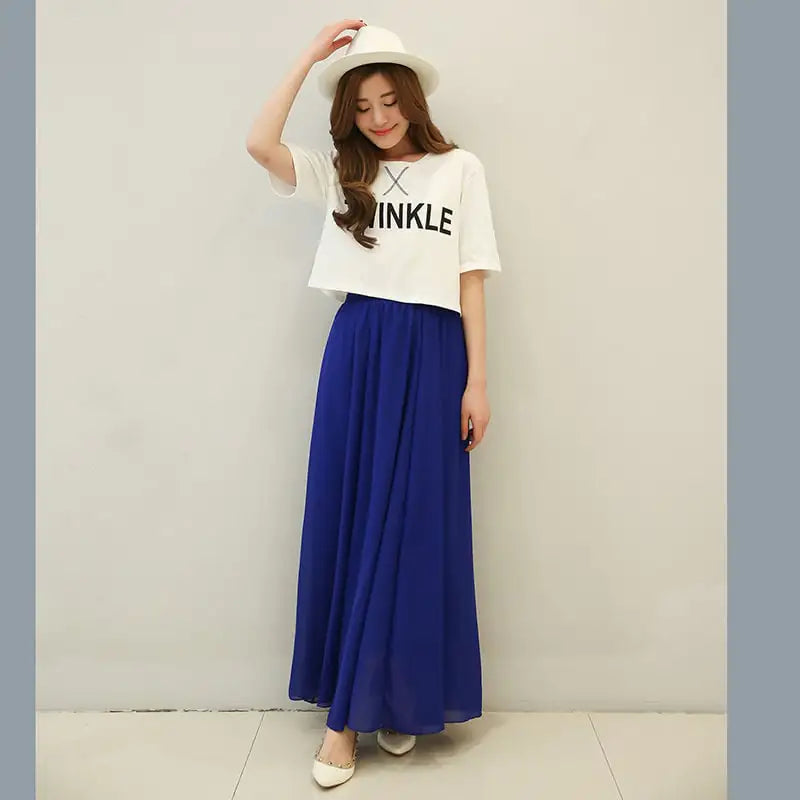 Jupe mi-longue taille haute en mousseline de soie