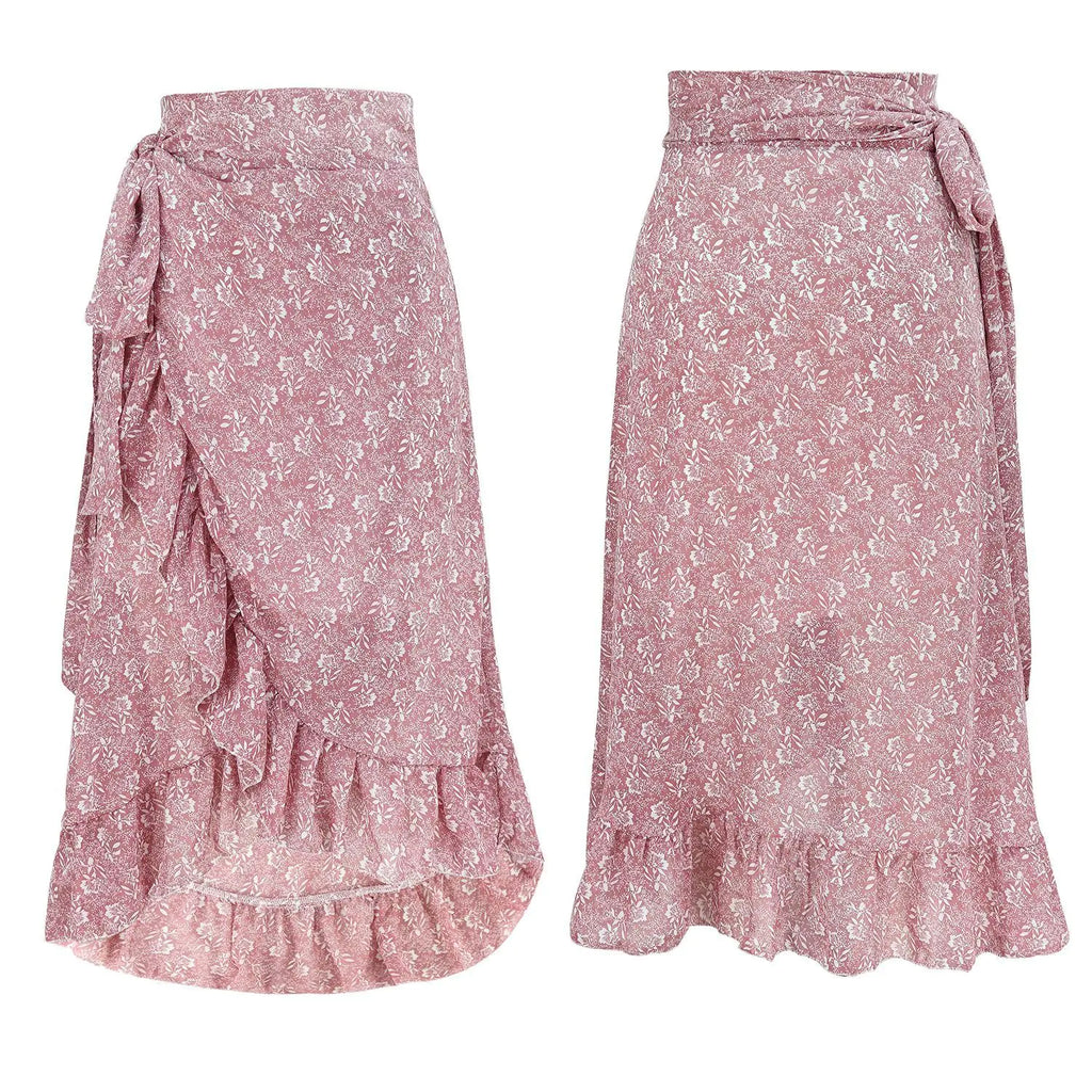 Jupe trapèze taille haute en mousseline de soie à volants et fleurs