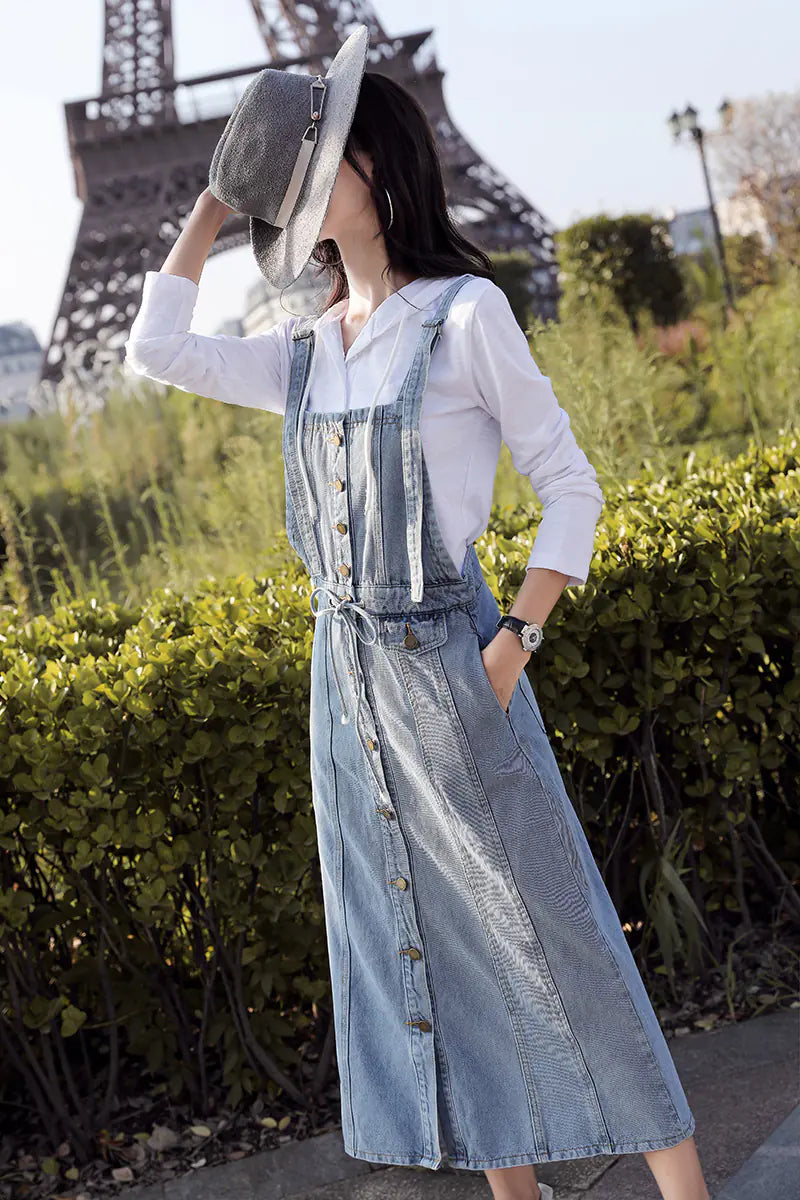 Robe en jean à bretelles boutonnées, robe salopette en jean